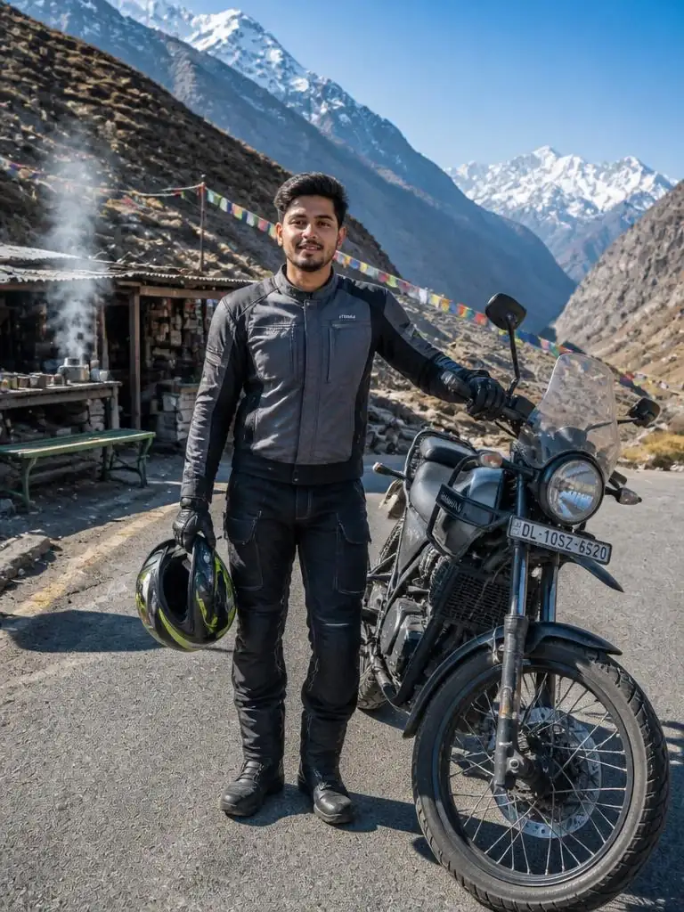 Motorcycle traveler posing with an adventure bike on a mountain road near a small roadside tea stall and rocky peaks.