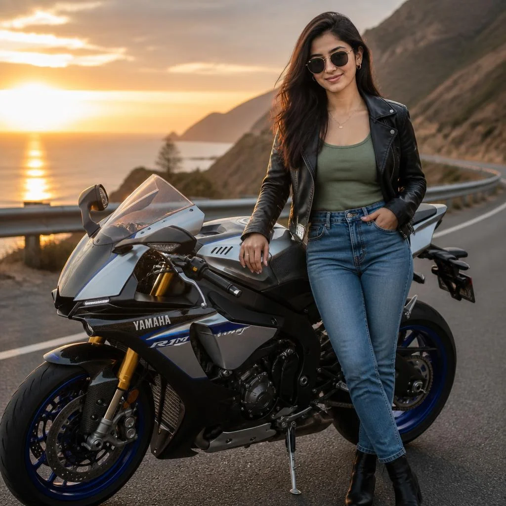 Photorealistic female lifestyle motorcycle photoshoot featuring a young woman posing beside a Yamaha YZF-R1M. Black leather jacket, fitted top, relaxed blue jeans, boots and sunglasses. Modern roadside at sunset, warm natural light, relaxed confident expression, realistic hair movement, shallow depth of field and subtle cinematic film grain. Exact Yamaha YZF-R1M only