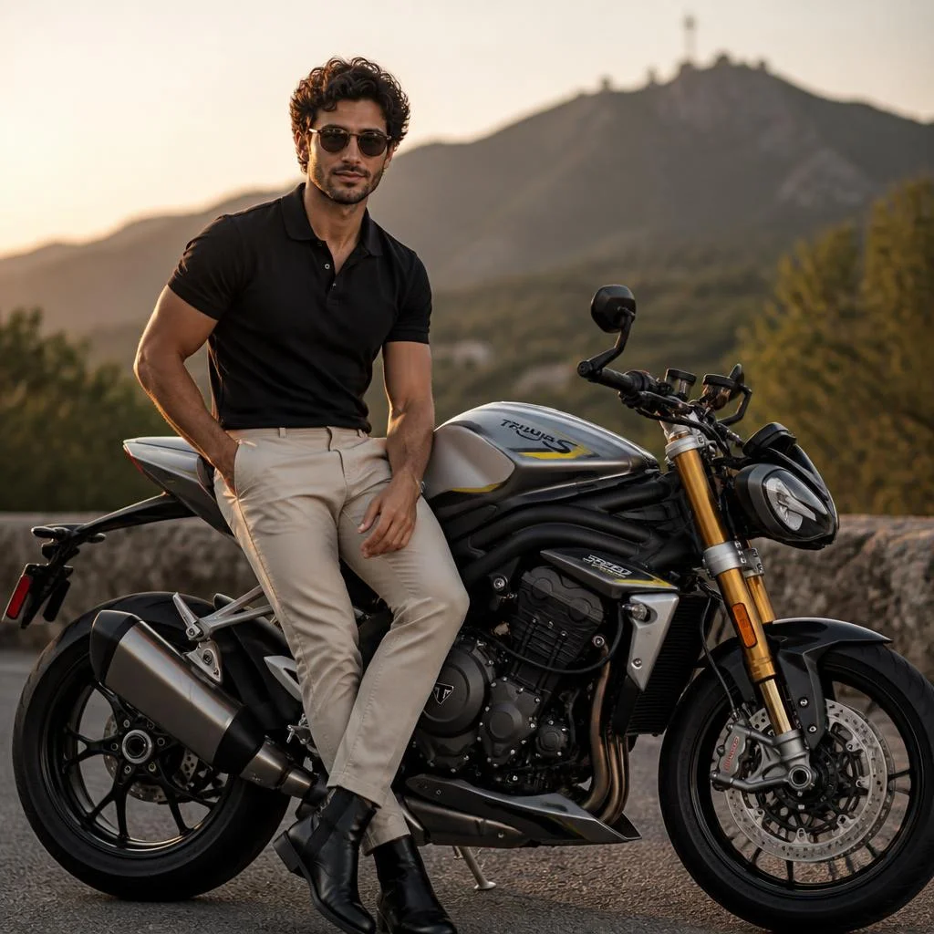 Create a premium photorealistic motorcycle photoshoot featuring a young male model posing beside a Triumph Speed Triple 1200 RS. Fitted black polo shirt, beige trousers, black boots and sunglasses. Green roadside with mountains in the distance, warm golden-hour sunlight, natural relaxed pose, sophisticated masculine lifestyle aesthetic, realistic skin texture, shallow depth of field and subtle film grain. Exact Triumph Speed Triple 1200 RS only