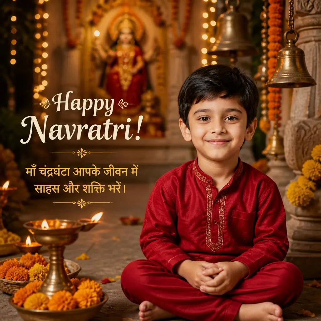 Baby boy in a red traditional outfit sitting in a North Indian temple courtyard decorated for Navratri.