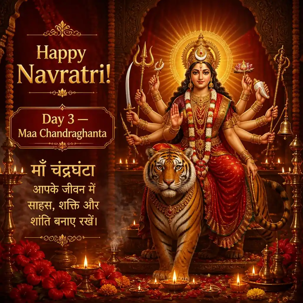 Maa Chandraghanta seated on a tiger in a red and gold temple decorated with diyas and flowers.