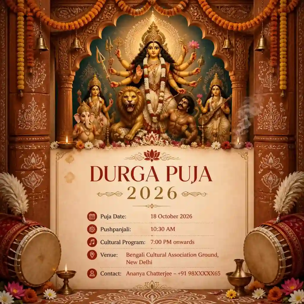Bengali Durga Puja invitation with Maa Durga, diyas, flowers, dhak drums, and traditional pandal decorations.