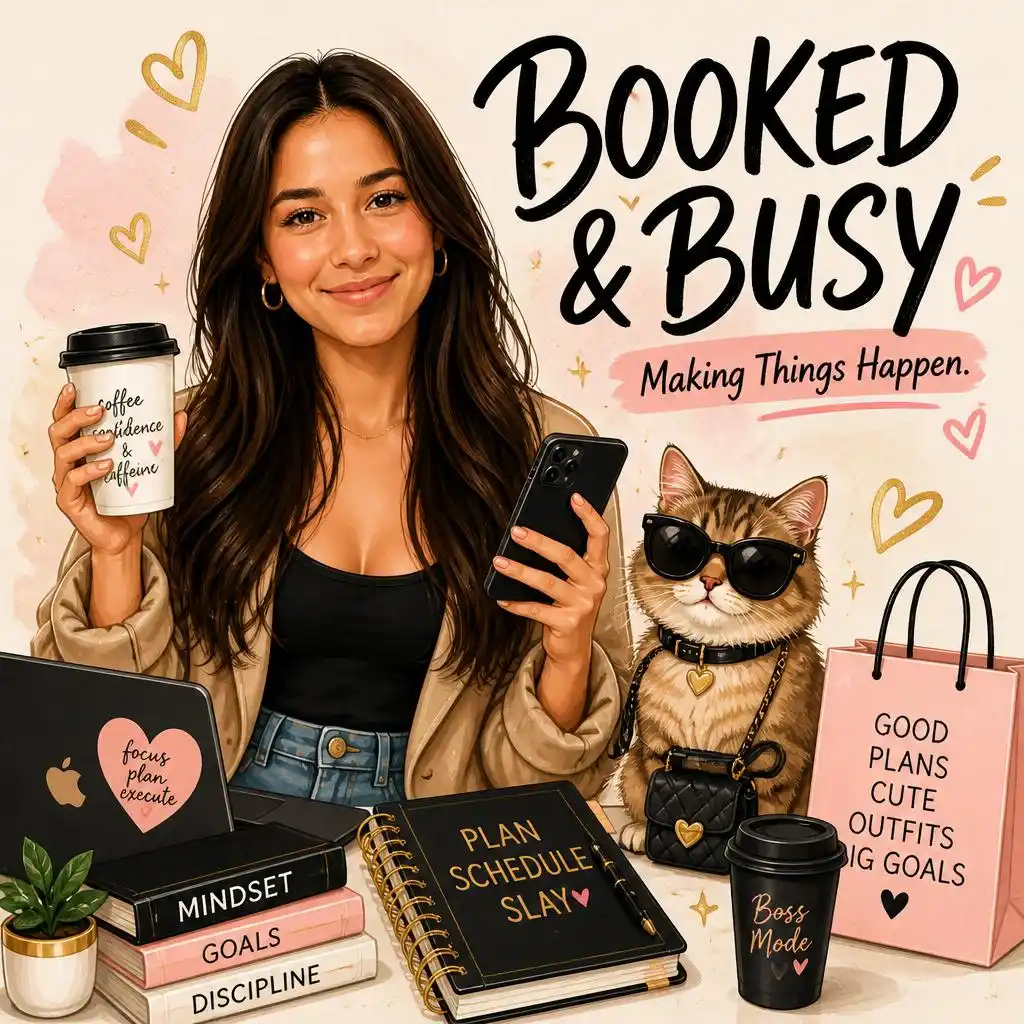 Female mascot poster with a cute cat, coffee, laptop, shopping bag, and the text “Booked & Busy.”
