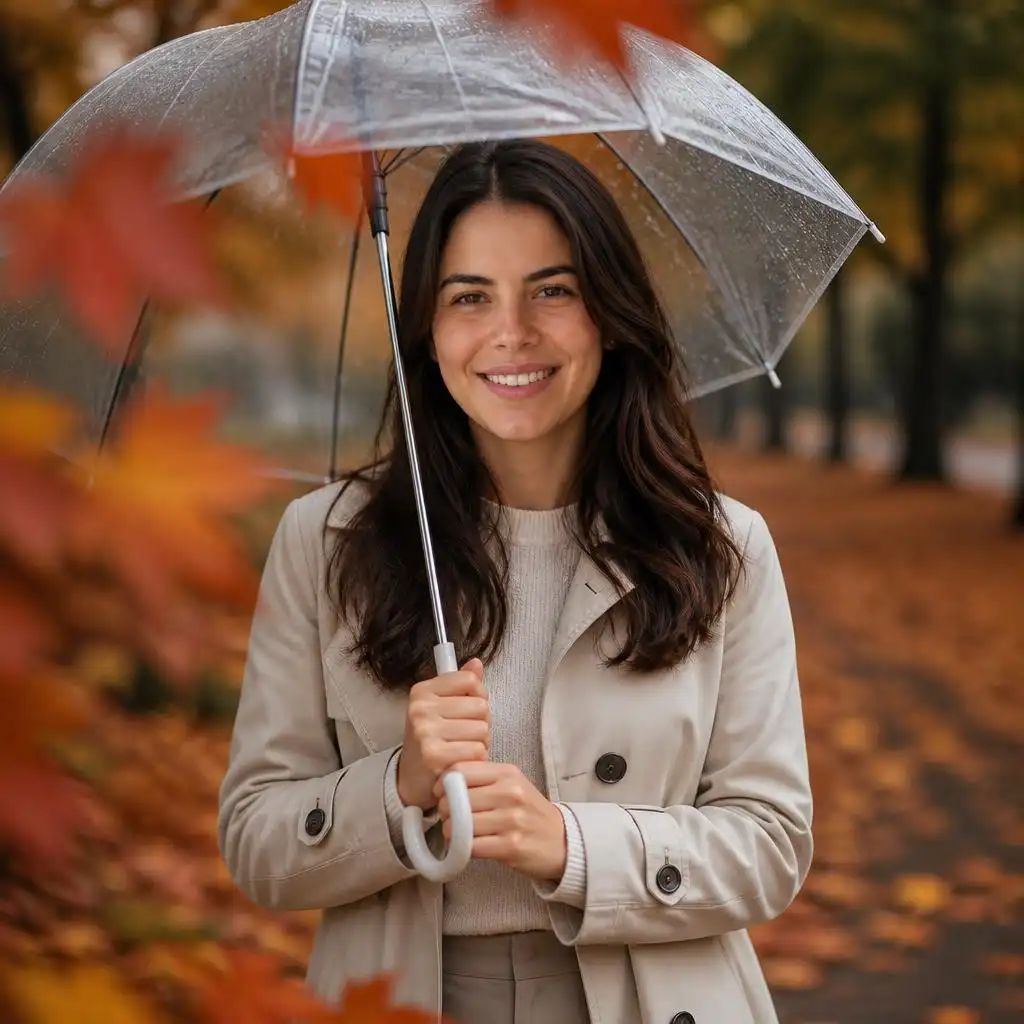 Person holding a transparent umbrella while walking through a rainy autumn forest with colorful leaves.