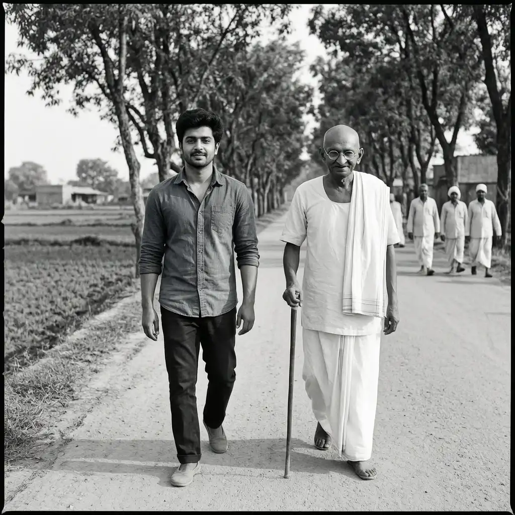 Person walking alongside Mahatma Gandhi Ji on a rural Indian road during a peaceful freedom-movement-inspired scene.