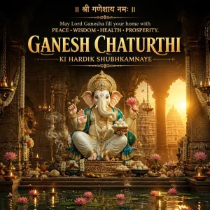 Ivory-white Lord Ganesha idol with a golden crown, lotus, modaks and glowing temple lights.