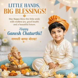 Baby boy in a traditional outfit sitting beside a small eco-friendly Ganpati setup with flowers and festive decorations