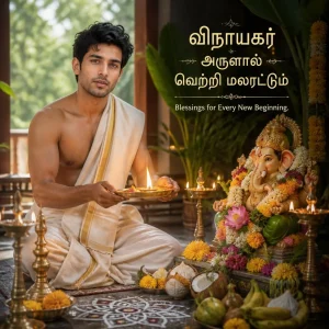 Tamil man performing aarti with a brass plate before a beautifully decorated Vinayagar idol.