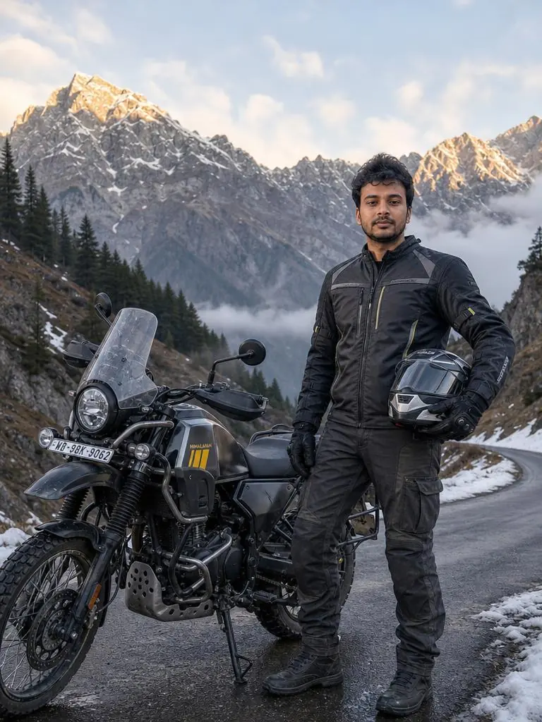 Rider with an adventure motorcycle on a winding mountain road surrounded by rocky peaks snow patches and a misty valley.