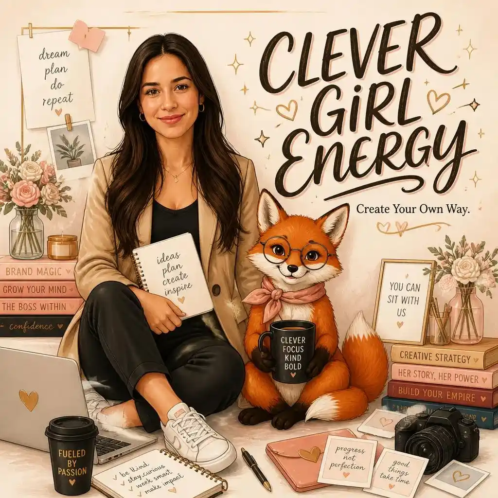 Female mascot poster with a clever fox, notebook, laptop, coffee, and the text “Clever Girl Energy.”
