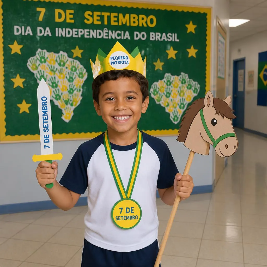 Criança com medalha e bandeira do Brasil celebrando o 7 de Setembro