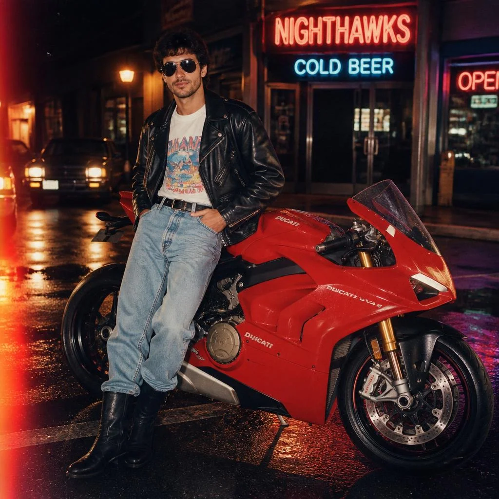 Authentic 1980s motorcycle fashion photoshoot featuring a young male model posing beside a Ducati Panigale V4, styled entirely as an 1980s editorial. Oversized black leather biker jacket, tucked-in graphic T-shirt, high-waisted relaxed denim jeans, leather boots, aviator sunglasses and voluminous brushed-back 80s hairstyle. Neon-lit urban street, vintage storefronts, wet pavement, direct camera flash, tungsten street lighting, saturated vintage colors, 35mm analog film grain, slight light leaks and authentic 1980s magazine photography. The exact Ducati Panigale V4 must remain unchanged.