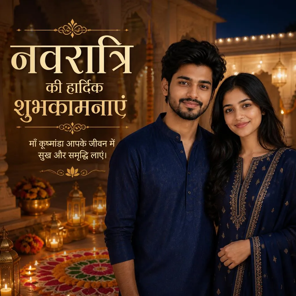 Couple in royal-blue traditional outfits celebrating Navratri in a decorated Rajasthan palace courtyard.