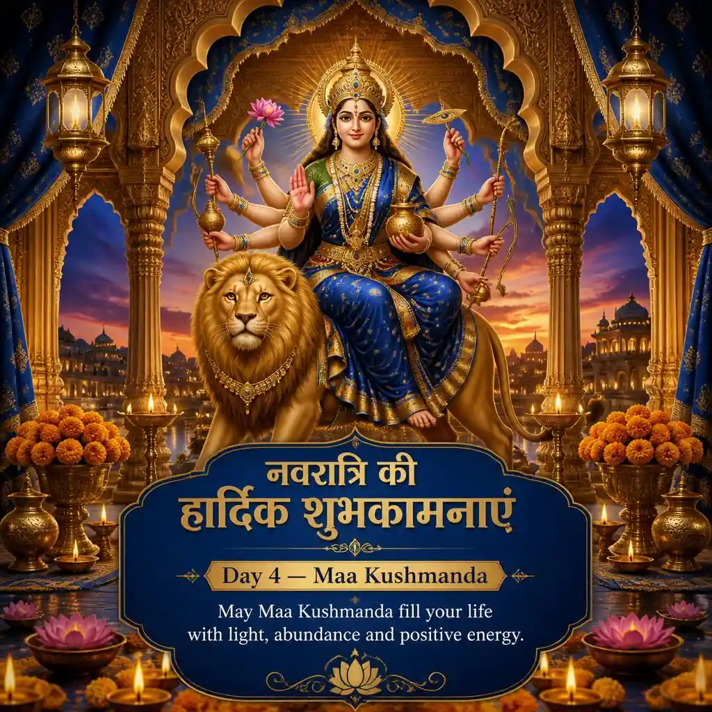 Maa Kushmanda seated on a lion in a royal blue and gold palace temple with festive decorations.