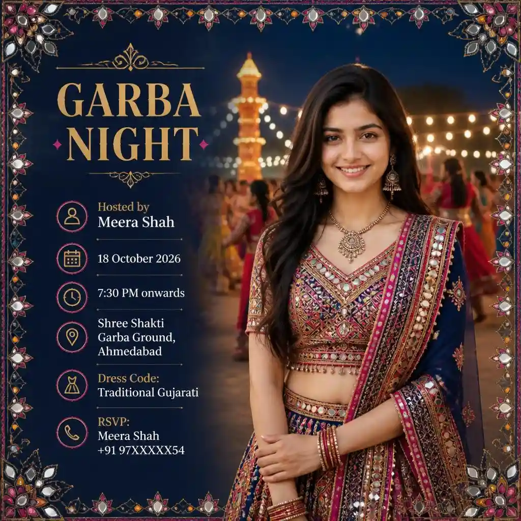 Personalized Garba night invitation featuring a person in traditional Navratri attire at a decorated Garba venue.