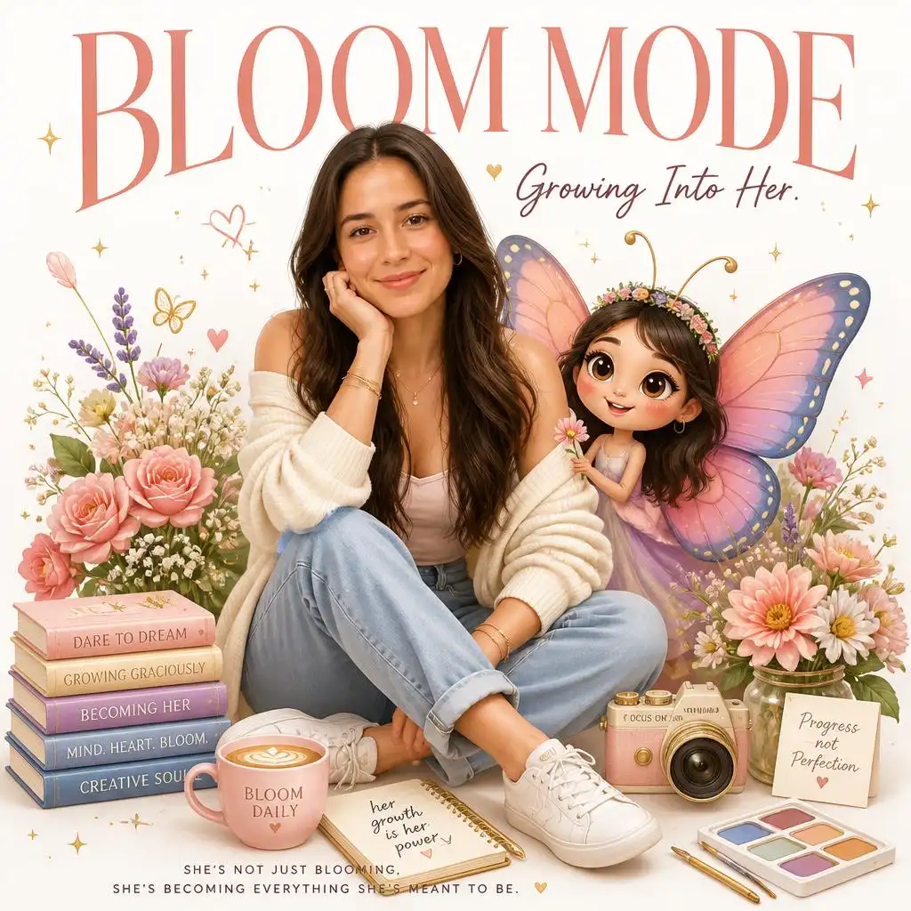 Dreamy female mascot poster with a colorful butterfly, flowers, books, coffee, and the text “Bloom Mode.”