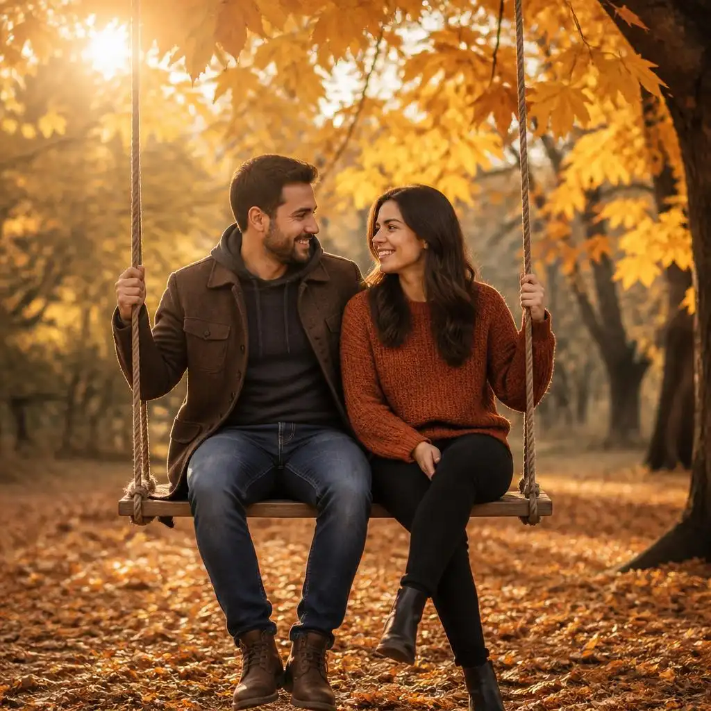 Couple sitting together on a rustic wooden swing surrounded by golden autumn foliage at sunset.