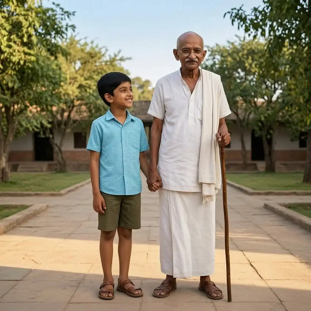 Young boy holding Bapu’s hand in a peaceful Sabarmati Ashram-inspired courtyard.