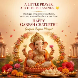 Cute 3D Ganpati Bappa surrounded by marigolds, diyas, flowers and warm festive lights for a family greeting.