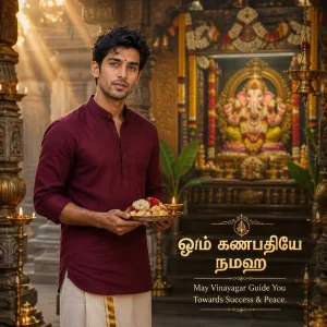 Tamil man in a white veshti standing near a decorated temple Vinayagar shrine.