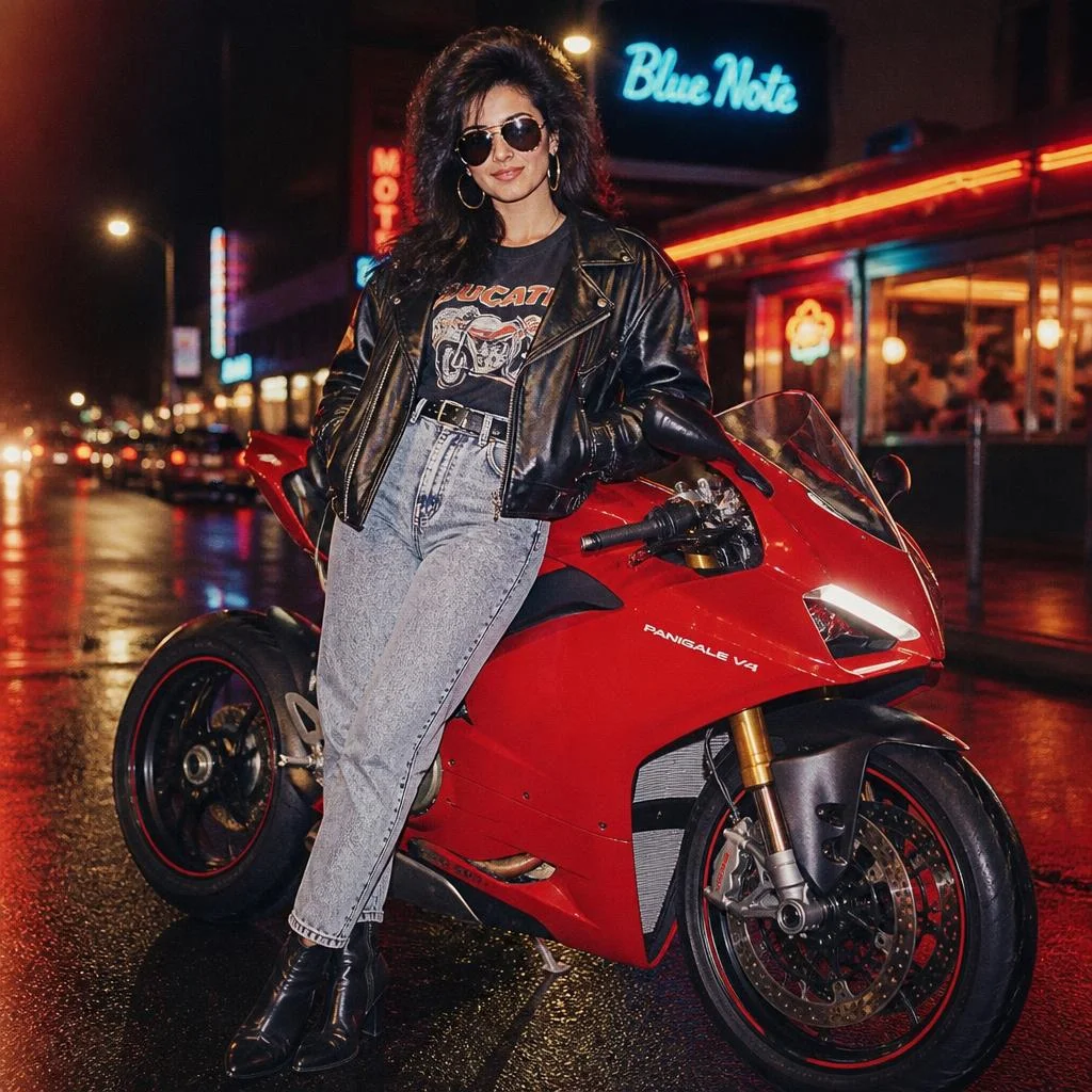 Authentic 1980s female motorcycle fashion photoshoot featuring a young woman posing beside a Ducati Panigale V4. Oversized black leather biker jacket, fitted graphic T-shirt, high-waisted acid-wash jeans, leather ankle boots, aviator sunglasses and voluminous teased 80s hairstyle. Neon-lit urban street at night, wet pavement, colorful signs, direct camera flash, tungsten lighting, 35mm film grain and subtle analog light leaks. Exact Ducati Panigale V4 only