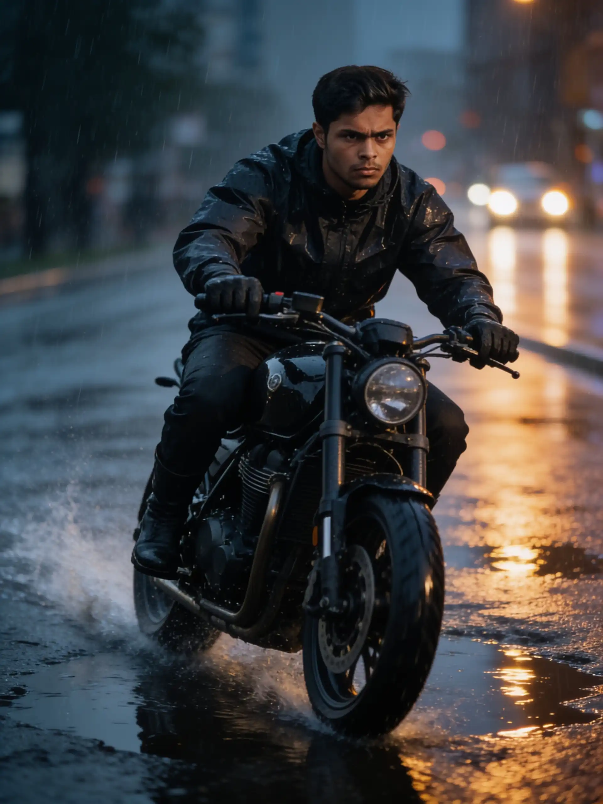 Biker standing beside a black motorcycle on a rain soaked city street at night with neon lights and cinematic street lighting.