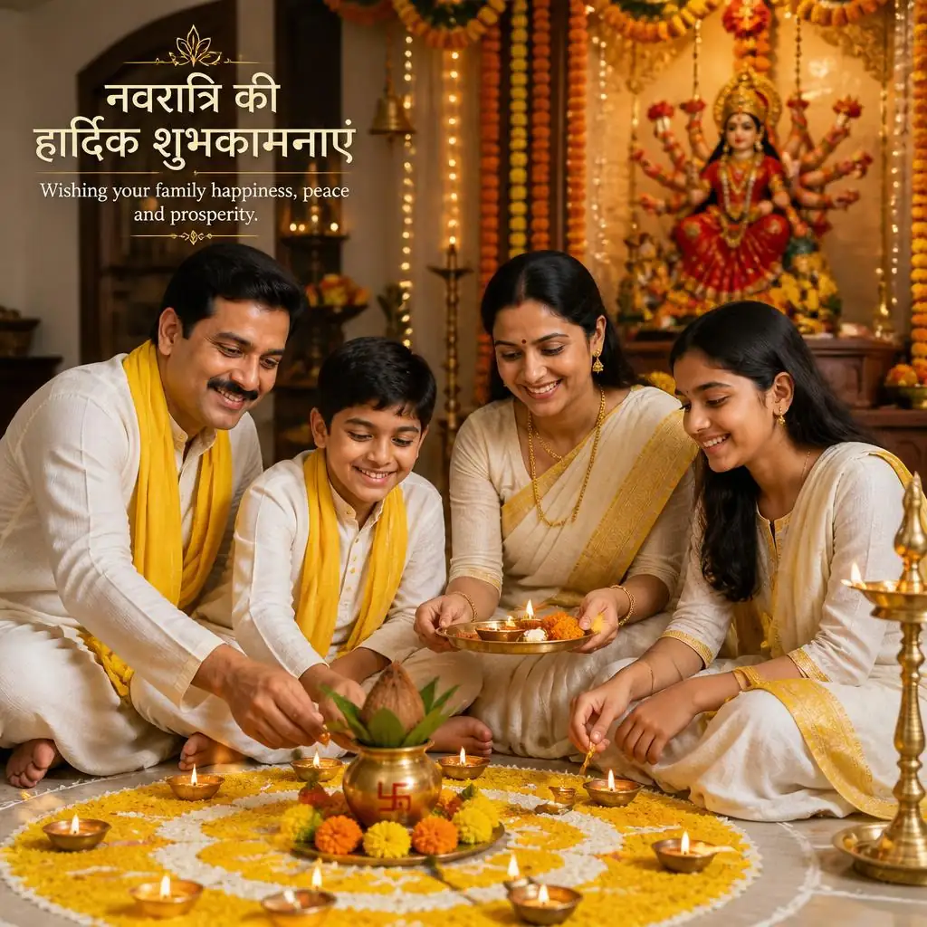 Family celebrating Navratri together in yellow festive clothing with marigold garlands, diyas and rangoli.