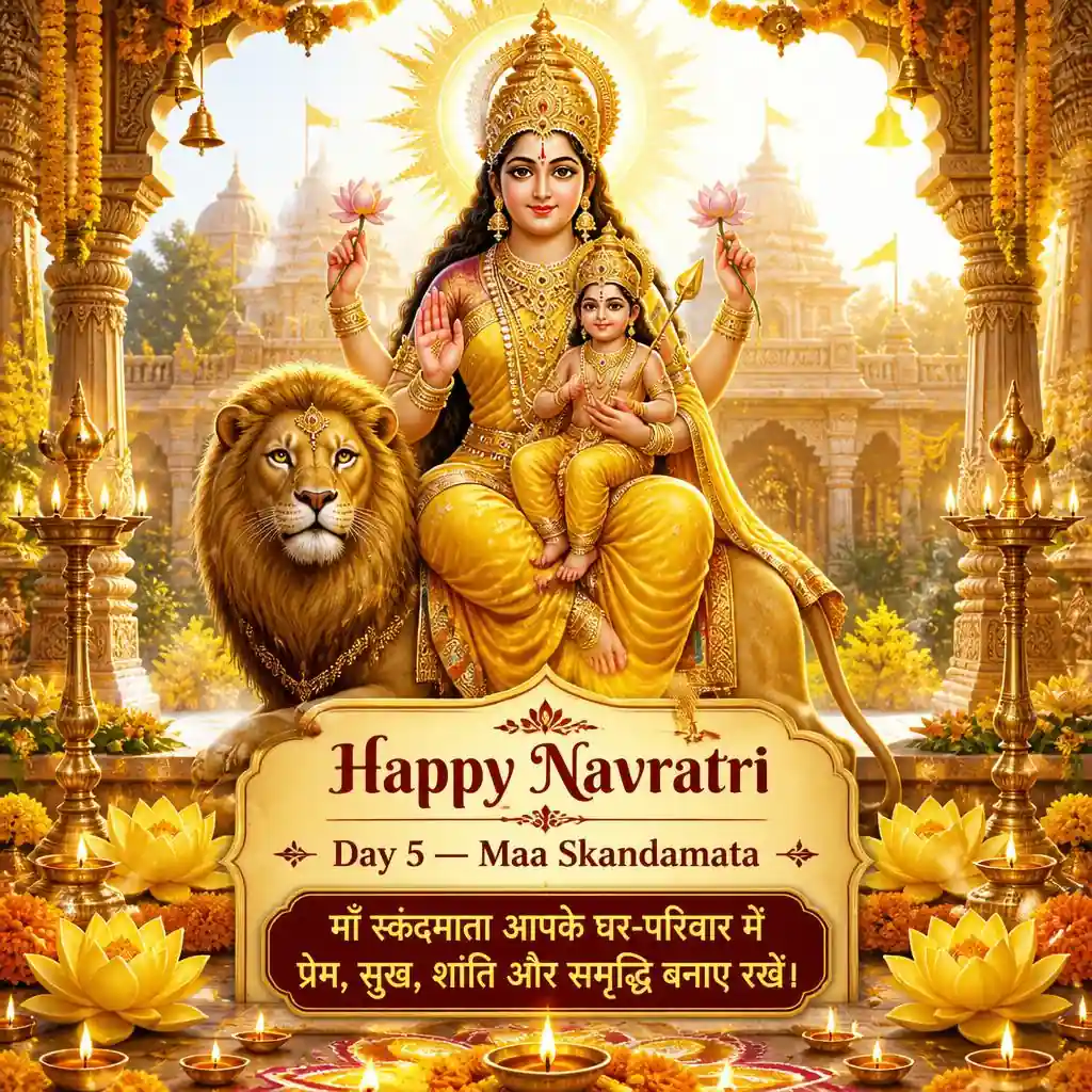 Maa Skandamata holding young Lord Kartikeya in a yellow and gold temple decorated with marigolds and diyas.