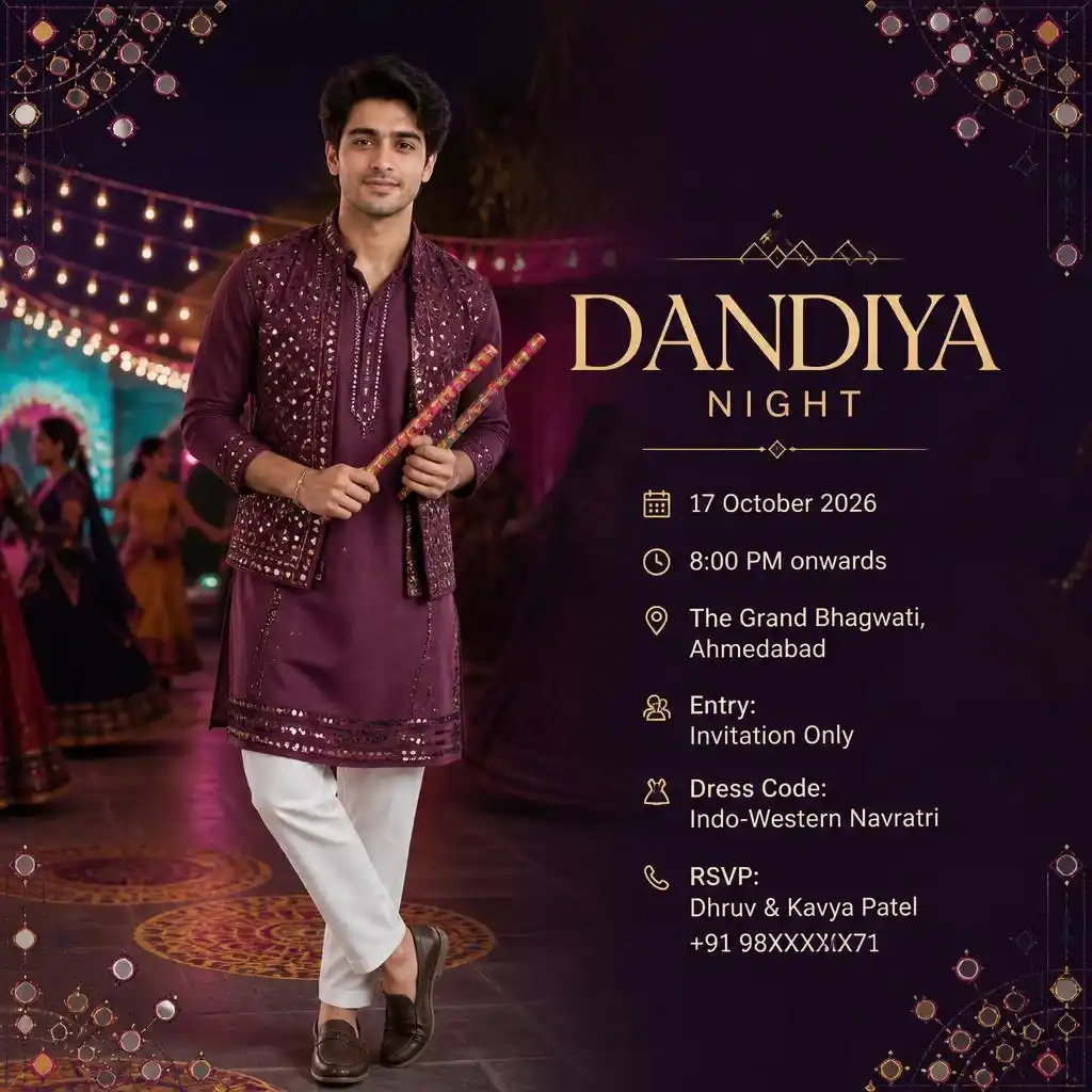 Modern Dandiya party invitation featuring a person holding dandiya sticks at a colorful Navratri venue.