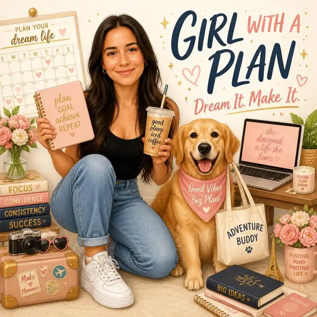 Female mascot poster with a golden retriever, planner, iced coffee, books, and the text “Girl With a Plan.”