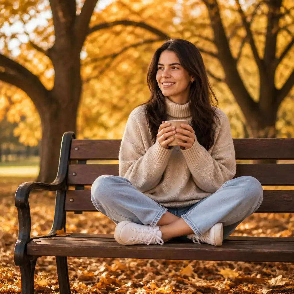 Person sitting cross-legged on a wooden park bench with a coffee mug among fallen autumn leaves.