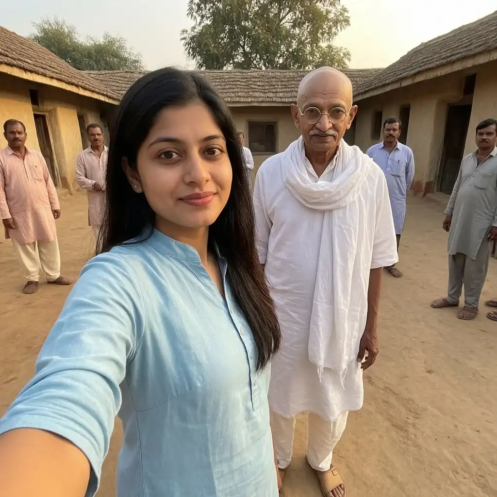 Woman taking a selfie with Mahatma Gandhi Ji standing in the background of a rural Indian ashram courtyard.