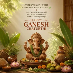 Handcrafted natural clay Ganesha decorated with marigolds, banana leaves, lotus flowers and earthen diyas.