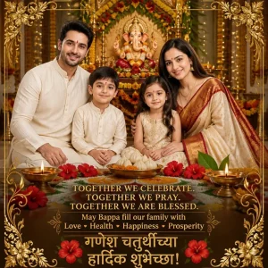 Family celebrating Ganesh Chaturthi around a beautifully decorated Ganpati mandap inside a Maharashtrian home.