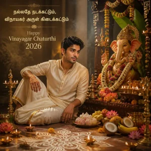 Tamil man seated near a festive home shrine with Vinayagar, flowers, diyas and traditional offerings.