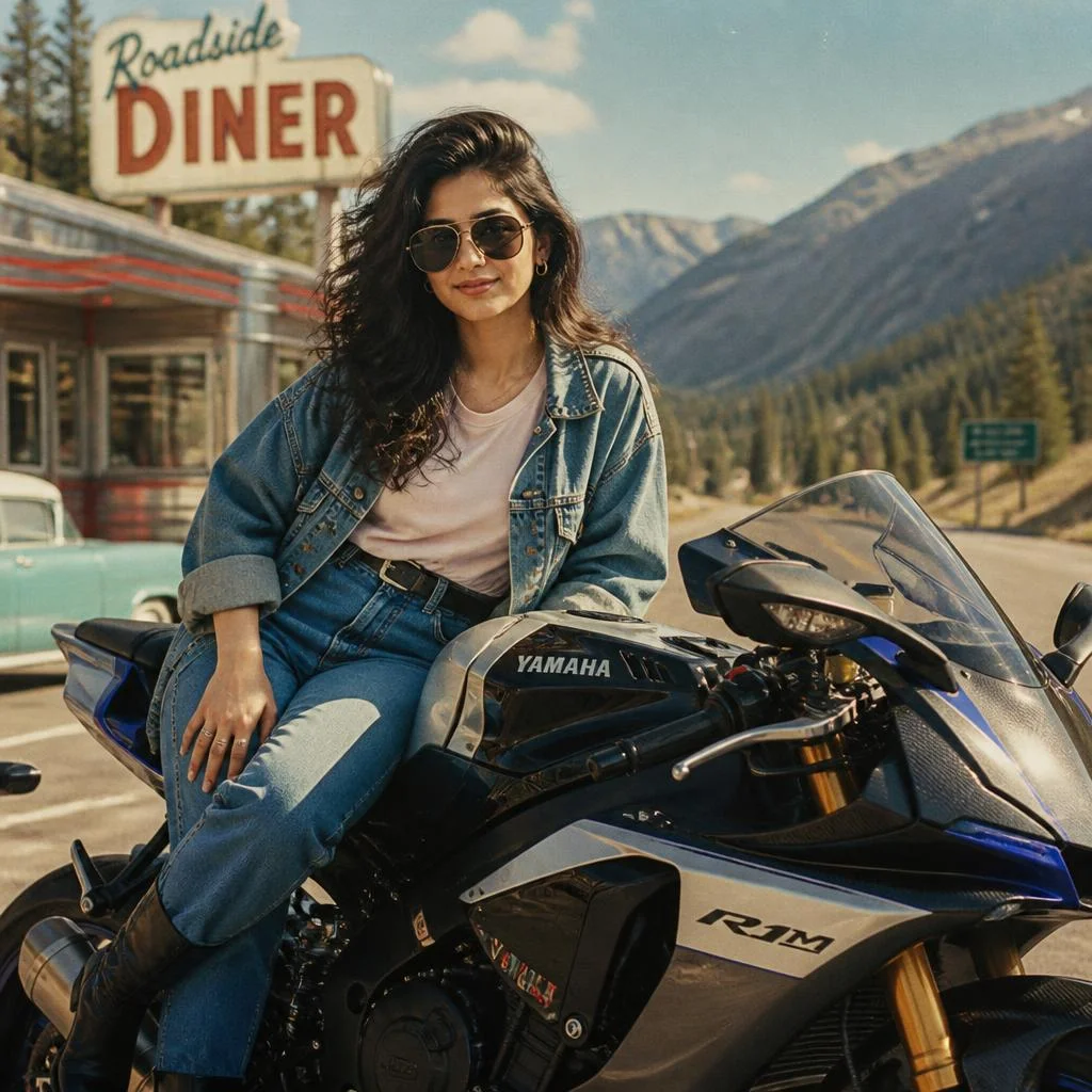 Authentic 1980s road-trip fashion photograph featuring a young woman sitting casually on a Yamaha YZF-R1M. Oversized denim jacket, pastel tucked-in T-shirt, high-waisted jeans, leather boots, large sunglasses and voluminous 80s hair. Scenic highway, vintage diner and mountains, warm afternoon sunlight, soft 35mm film rendering, visible grain, slightly faded colors and natural lens flare. Exact Yamaha YZF-R1M only