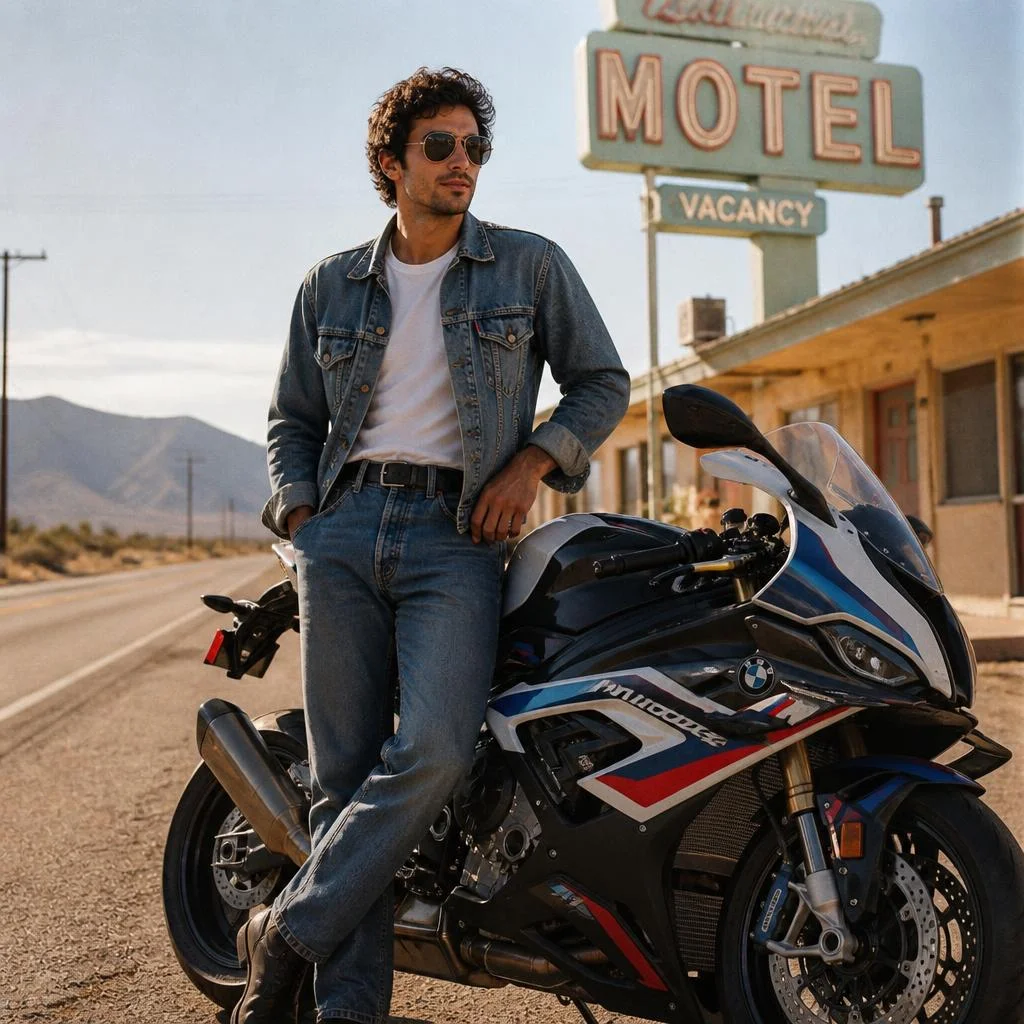 Authentic 1980s motorcycle fashion photoshoot featuring a young male model posing beside a Ducati Panigale V4, styled entirely as an 1980s editorial. Oversized black leather biker jacket, tucked-in graphic T-shirt, high-waisted relaxed denim jeans, leather boots, aviator sunglasses and voluminous brushed-back 80s hairstyle. Neon-lit urban street, vintage storefronts, wet pavement, direct camera flash, tungsten street lighting, saturated vintage colors, 35mm analog film grain, slight light leaks and authentic 1980s magazine photography. The exact Ducati Panigale V4 must remain unchanged