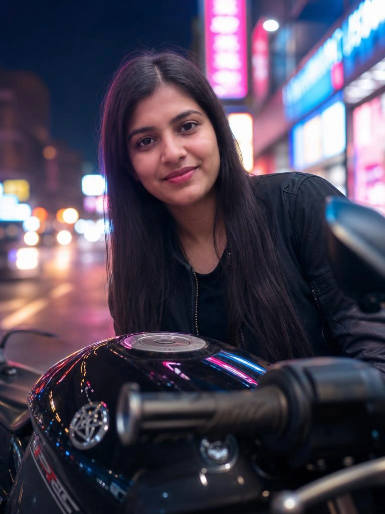 Close up motorcycle portrait on a neon lit city street with colorful reflections and a black superbike in the foreground.