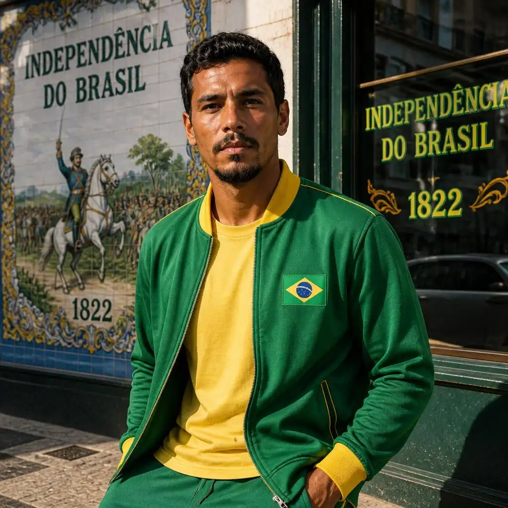 Homem vestindo camisa verde e amarela em homenagem à Independência do Brasil