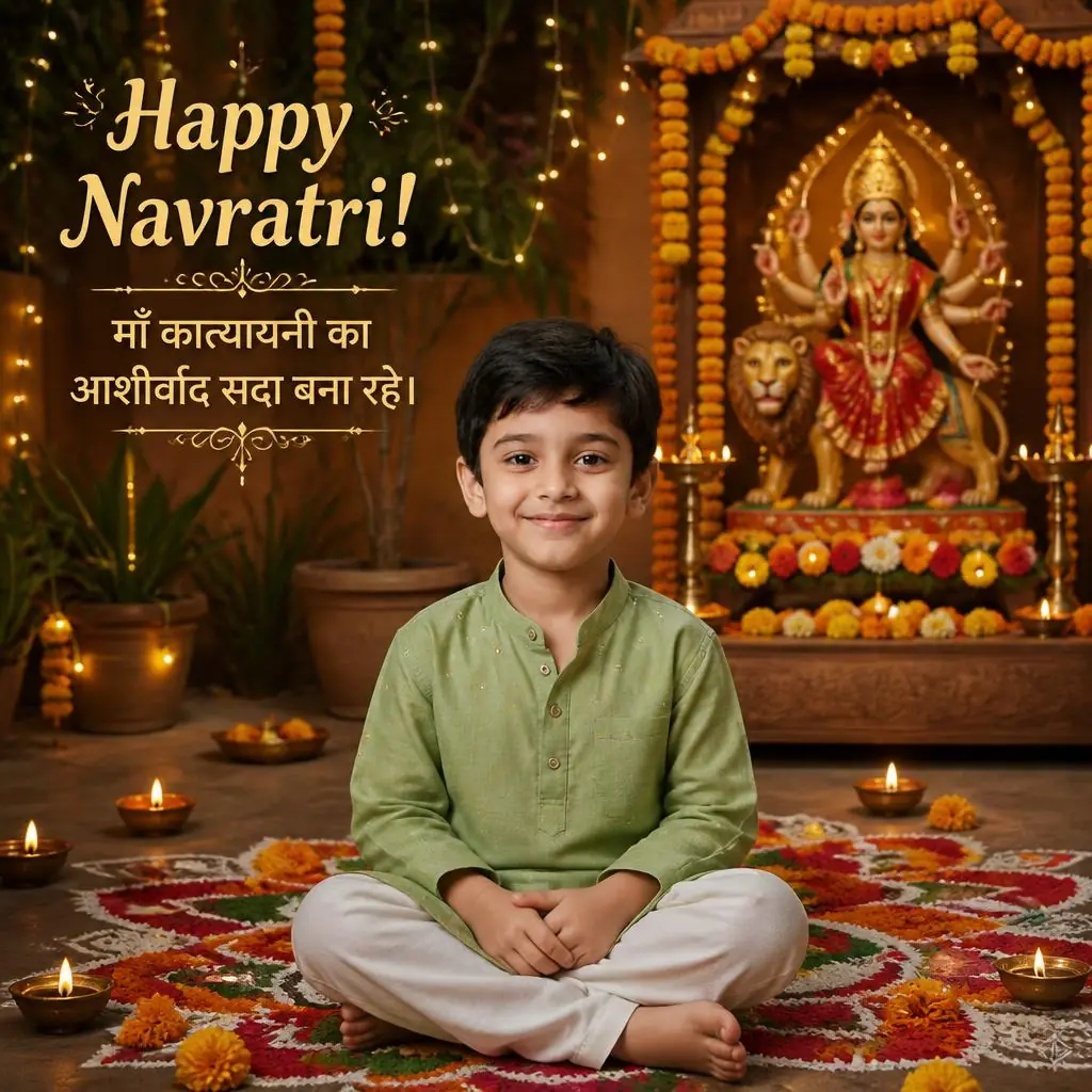 Baby boy in a green traditional outfit celebrating Navratri in a decorated Maharashtra courtyard.
