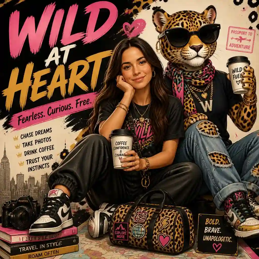 Bold female mascot poster with a stylish leopard, camera, travel bag, coffee, and the text “Wild at Heart.”