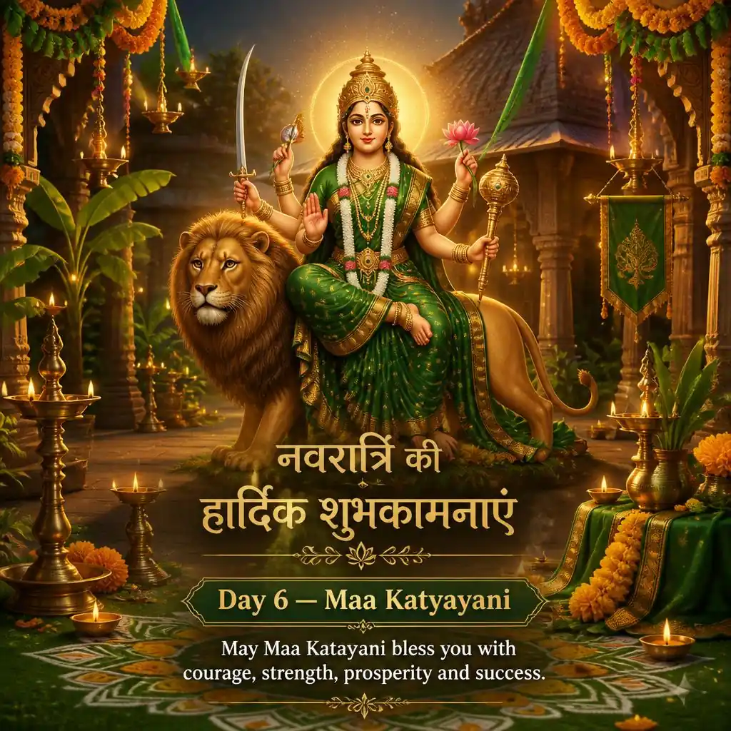 Maa Katyayani seated on a lion in a green and gold temple courtyard with rangoli and festive lamps.
