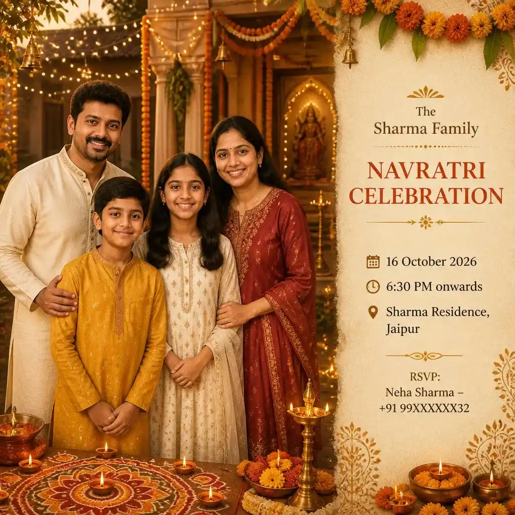 Warm Navratri home invitation featuring people celebrating with marigold garlands, diyas, rangoli, and festive lights.