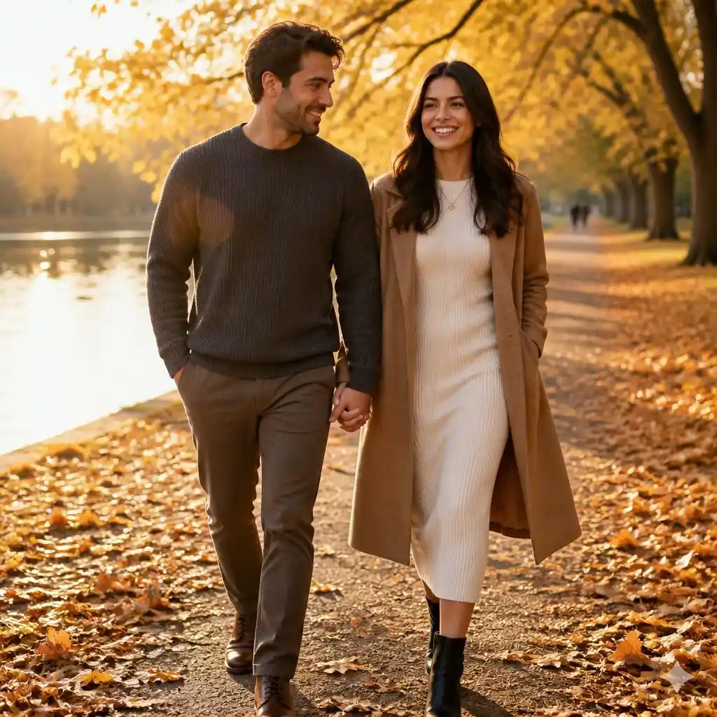 Couple walking hand in hand along a riverside path surrounded by autumn trees and fallen leaves.