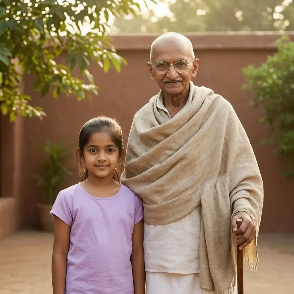 Young girl standing beside Mahatma Gandhi Ji in a peaceful ashram setting with soft morning light.