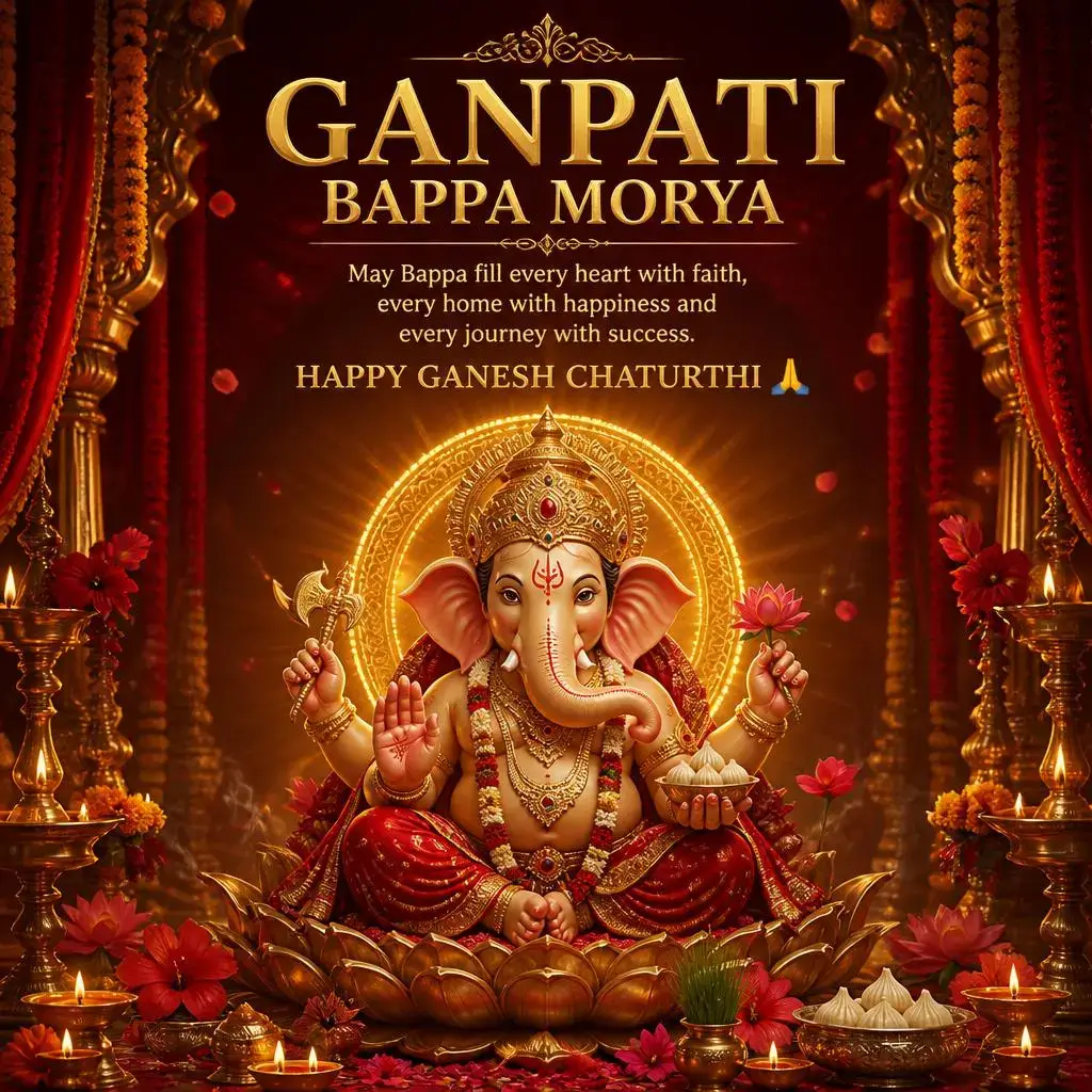 Majestic red and gold 3D Ganesha with a golden halo, marigold decorations, diyas and modaks.