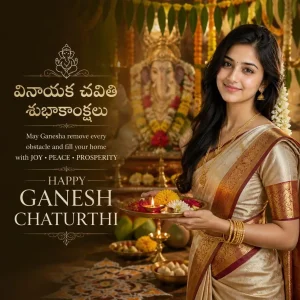Woman in an elegant Telugu silk saree posing beside a decorated Vinayaka shrine with traditional festive elements.