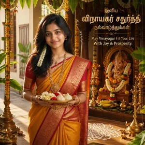 Tamil woman in a Kanchipuram silk saree holding a puja plate beside a decorated Vinayagar shrine.