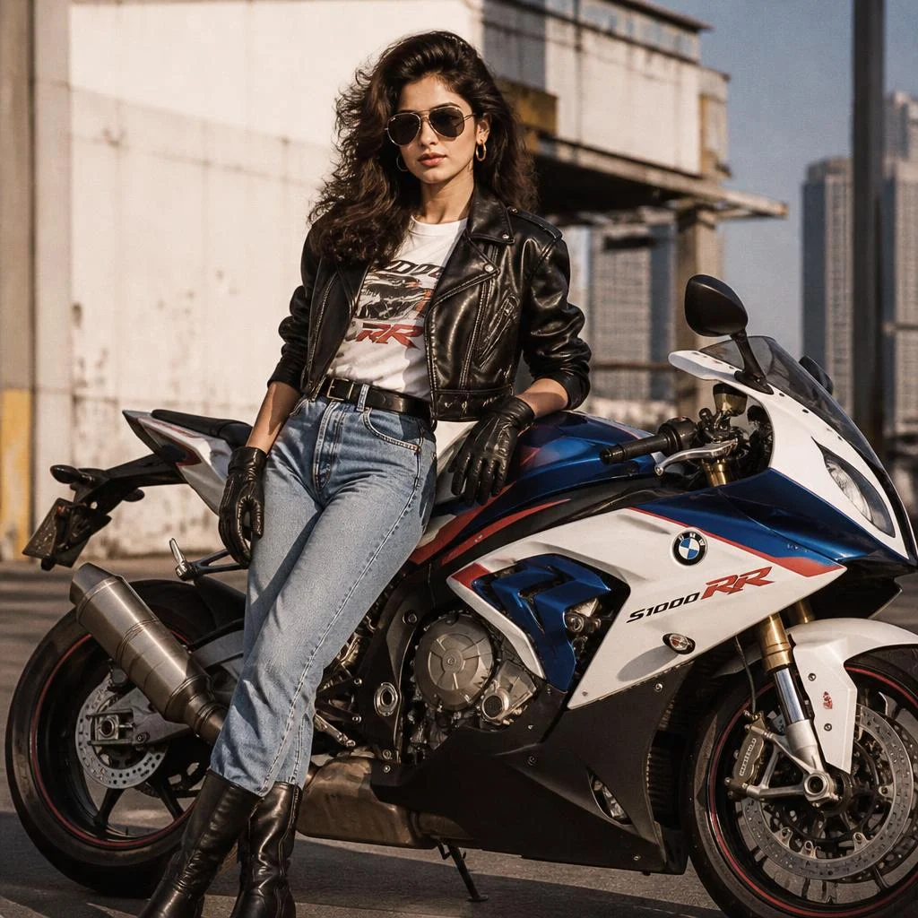 Authentic 1980s female biker editorial featuring a confident young woman posing beside a BMW Motorrad S 1000 RR. Structured cropped leather jacket, tucked-in graphic shirt, high-waisted jeans, leather boots, oversized sunglasses and voluminous 80s hairstyle. Industrial city location, hard sunlight, direct flash, saturated vintage colors, analog 35mm film grain and authentic fashion-magazine composition. Exact BMW Motorrad S 1000 RR only