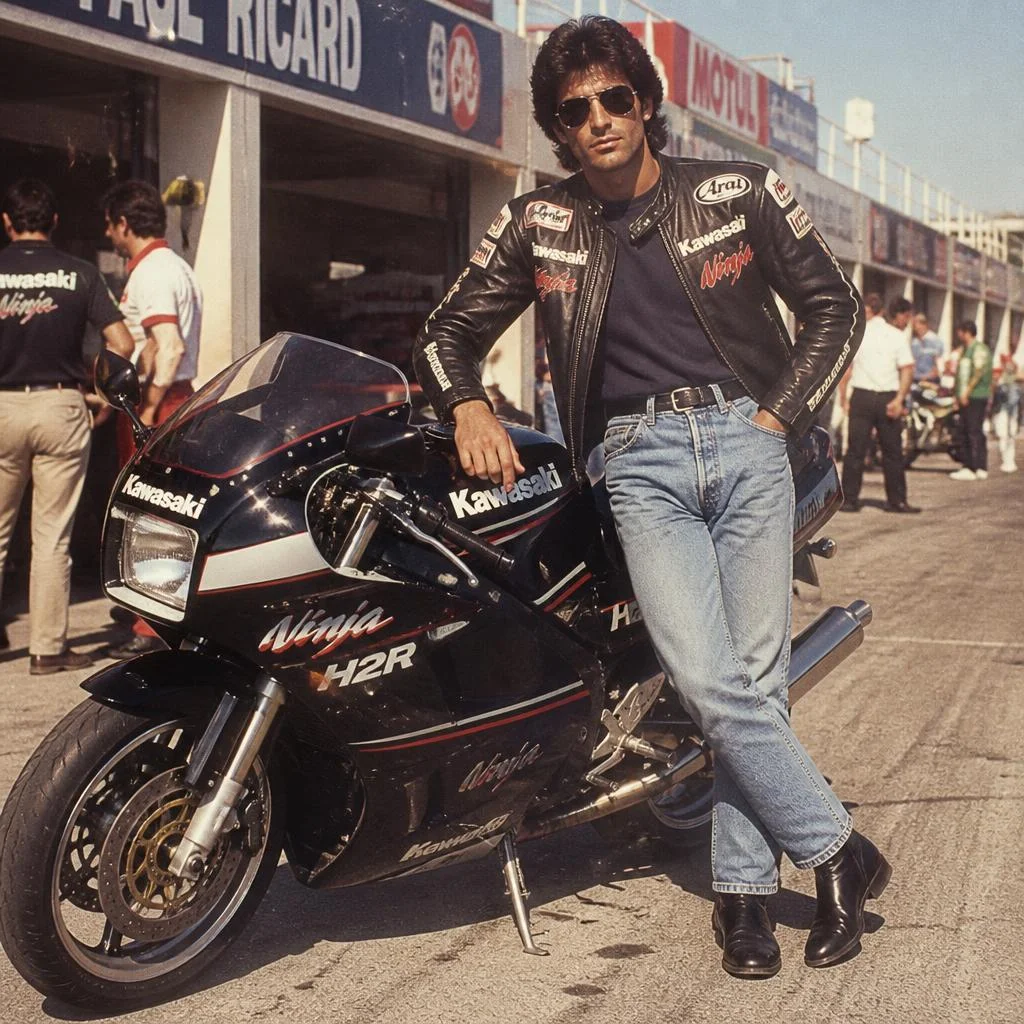 Authentic 1980s motorcycle racing editorial featuring a male model beside a Kawasaki Ninja H2R. Vintage racing leather jacket, high-waisted jeans, leather boots, aviator sunglasses and voluminous 80s hairstyle. Old motorsport circuit, vintage paddock atmosphere, hard sunlight, direct flash, analog 35mm film grain, slightly faded colors and authentic 1980s magazine composition. Exact Kawasaki Ninja H2R only.